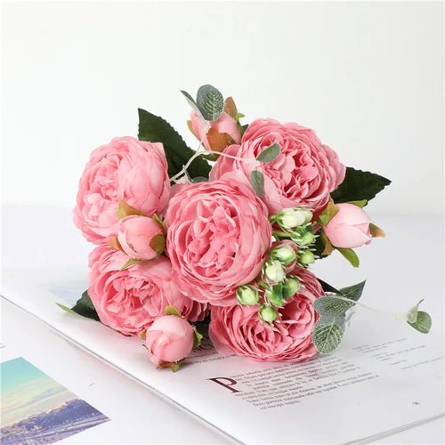 30cm Rose Pink Silk Peony Artificial Flowers Bouquet 5 Big Head and 4 - Home Sweet Resale