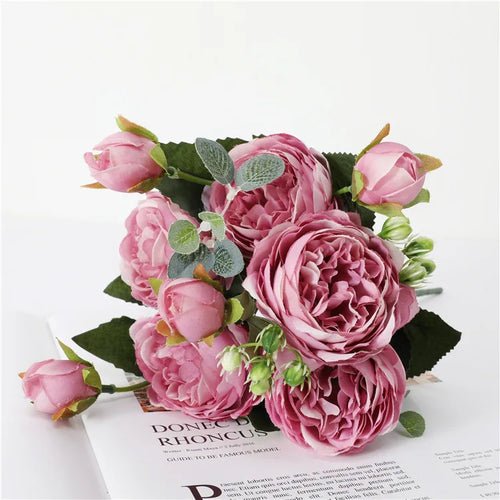 30cm Rose Pink Silk Peony Artificial Flowers Bouquet 5 Big Head and 4 - Home Sweet Resale