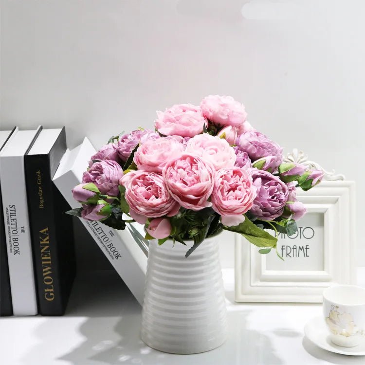 30cm Rose Pink Silk Peony Artificial Flowers Bouquet 5 Big Head and 4 - Home Sweet Resale
