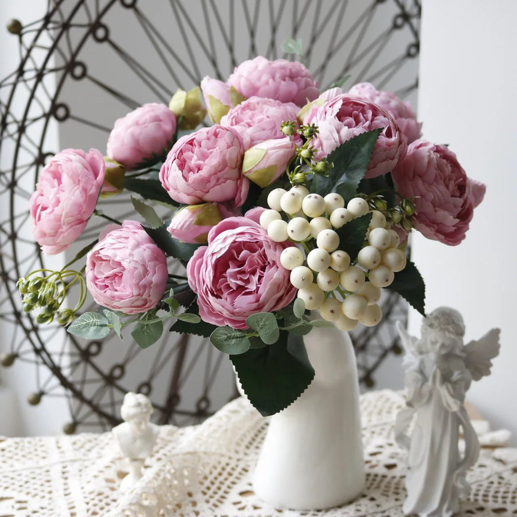 30cm Rose Pink Silk Peony Artificial Flowers Bouquet 5 Big Head and 4 - Home Sweet Resale