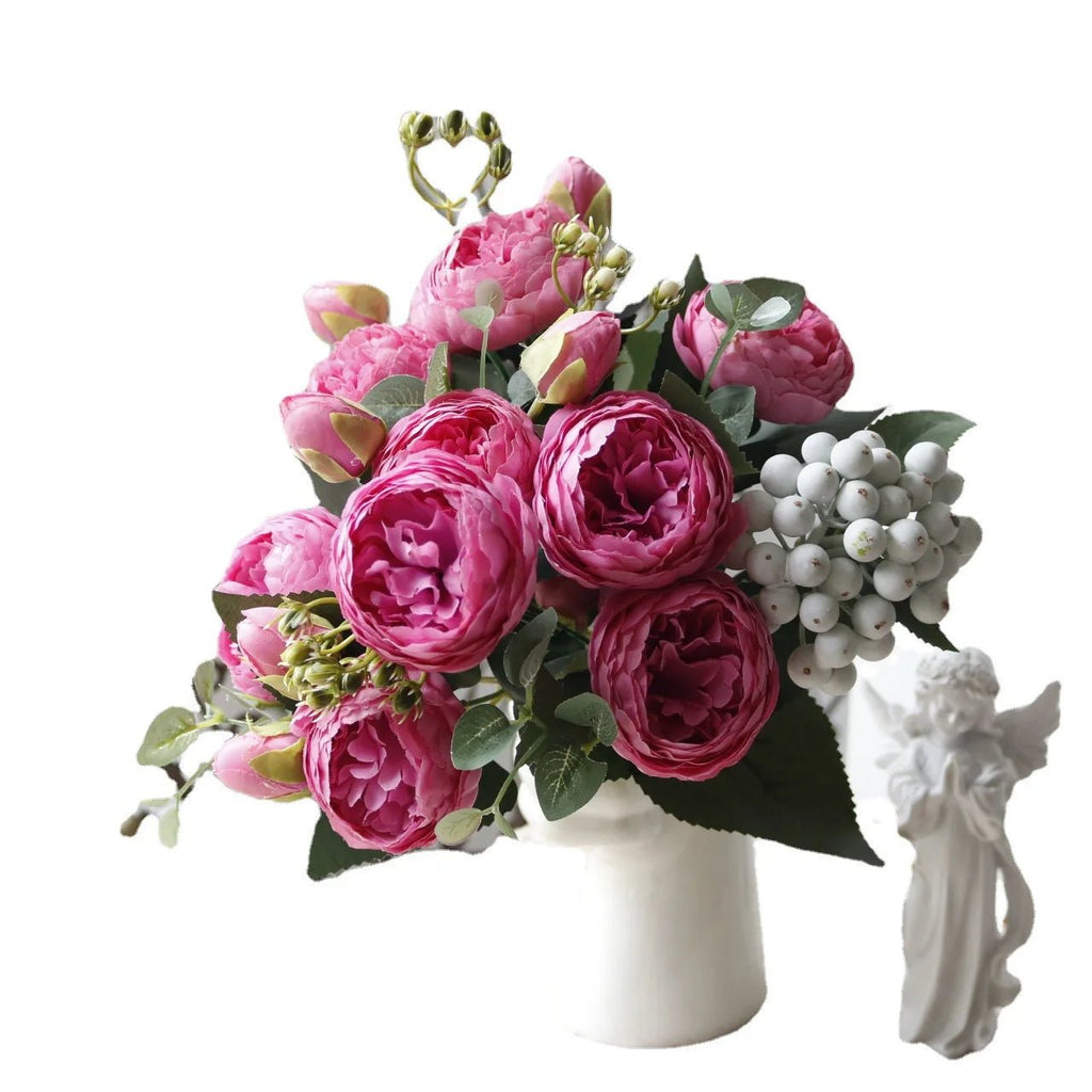 30cm Rose Pink Silk Peony Artificial Flowers Bouquet 5 Big Head and 4 - Home Sweet Resale