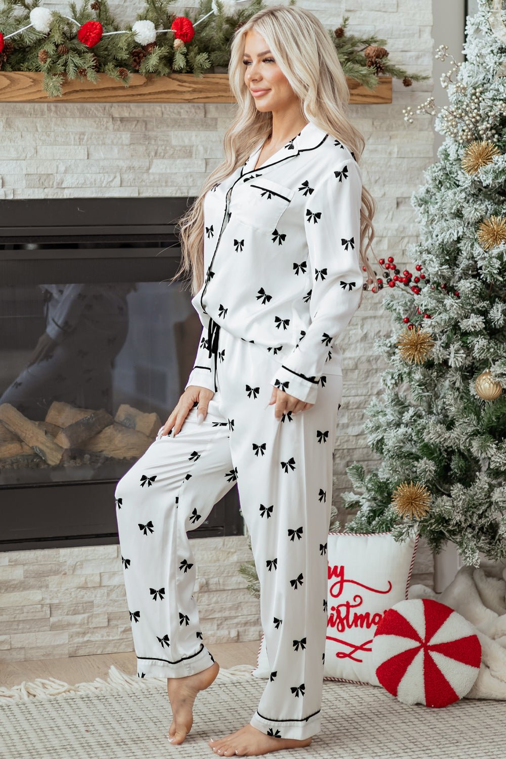 Bow Long Sleeve Top and Pants Pajama Set - Home Sweet Resale