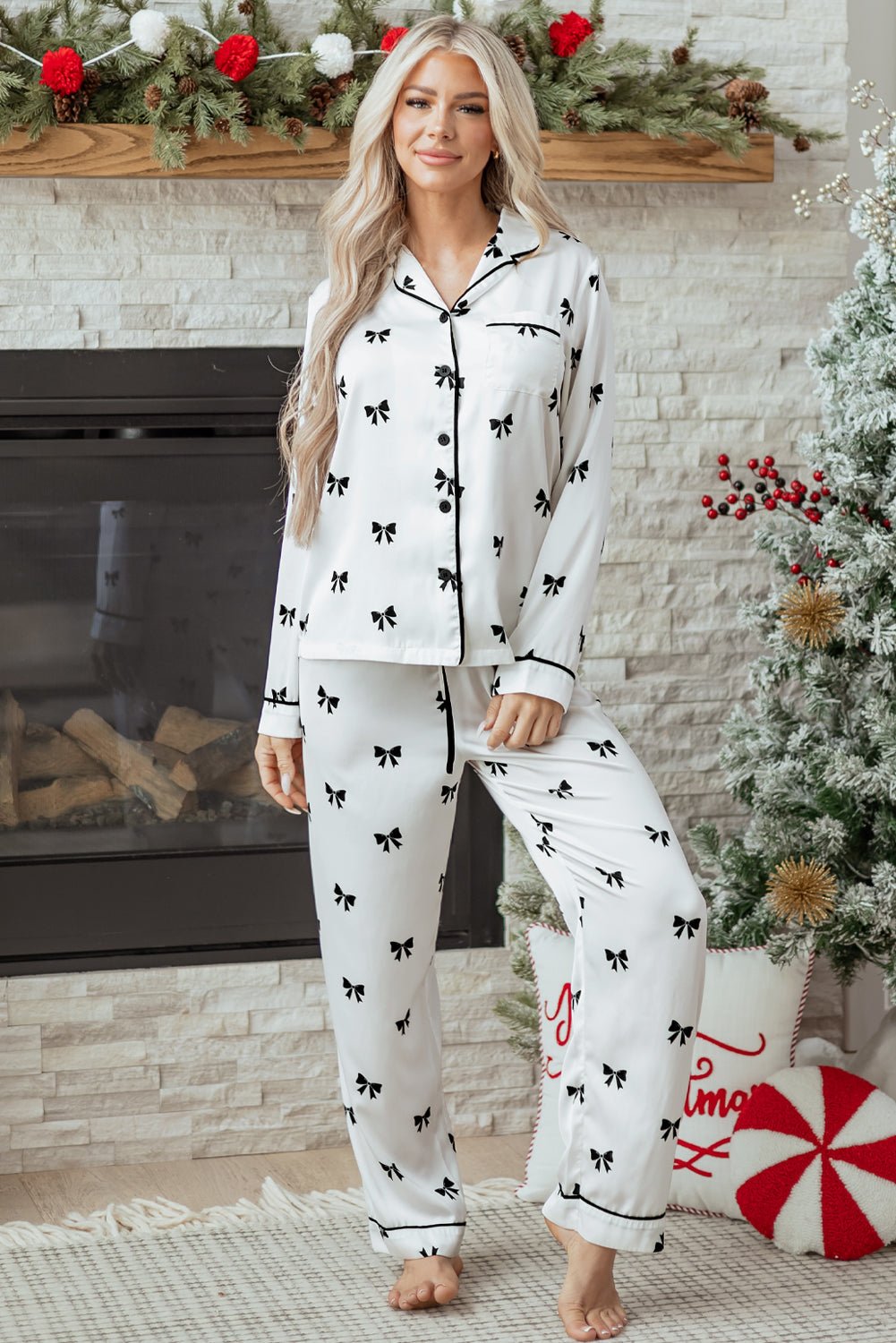 Bow Long Sleeve Top and Pants Pajama Set - Home Sweet Resale