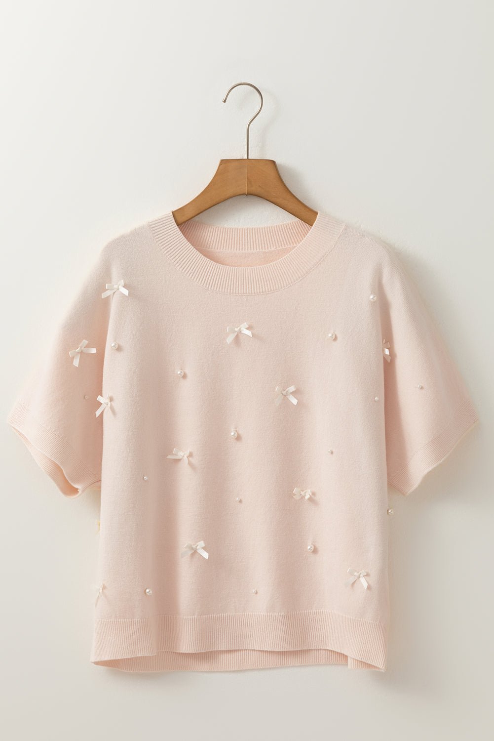Bow Pearl Embellished Dolman Short Sleeve Sweater - Home Sweet Resale