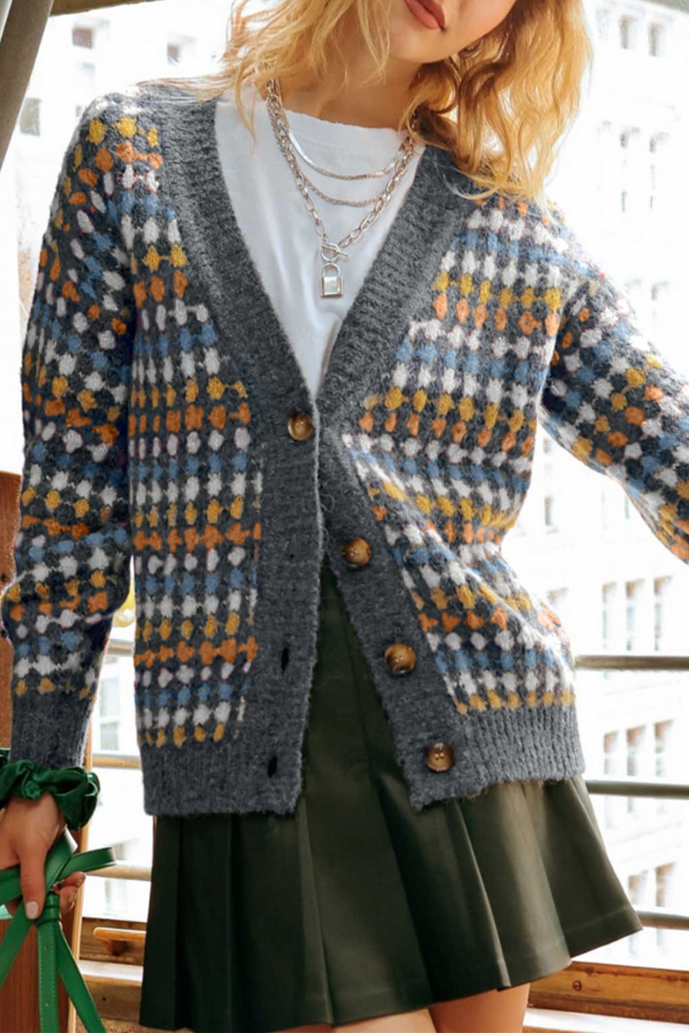 Dotty Knit Button - Up V - Neck Sweater Cardigan - Home Sweet Resale