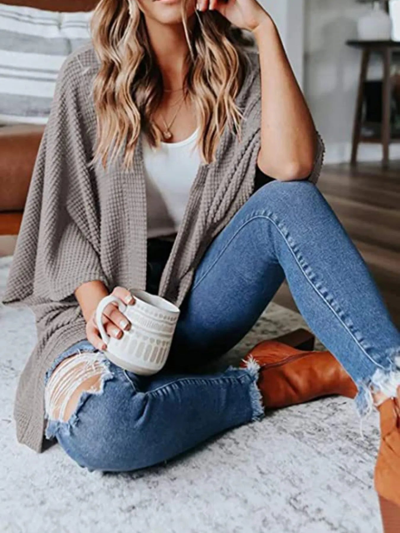 Full Size Open Front Waffle Knit Cardigan Plus Size - Home Sweet Resale