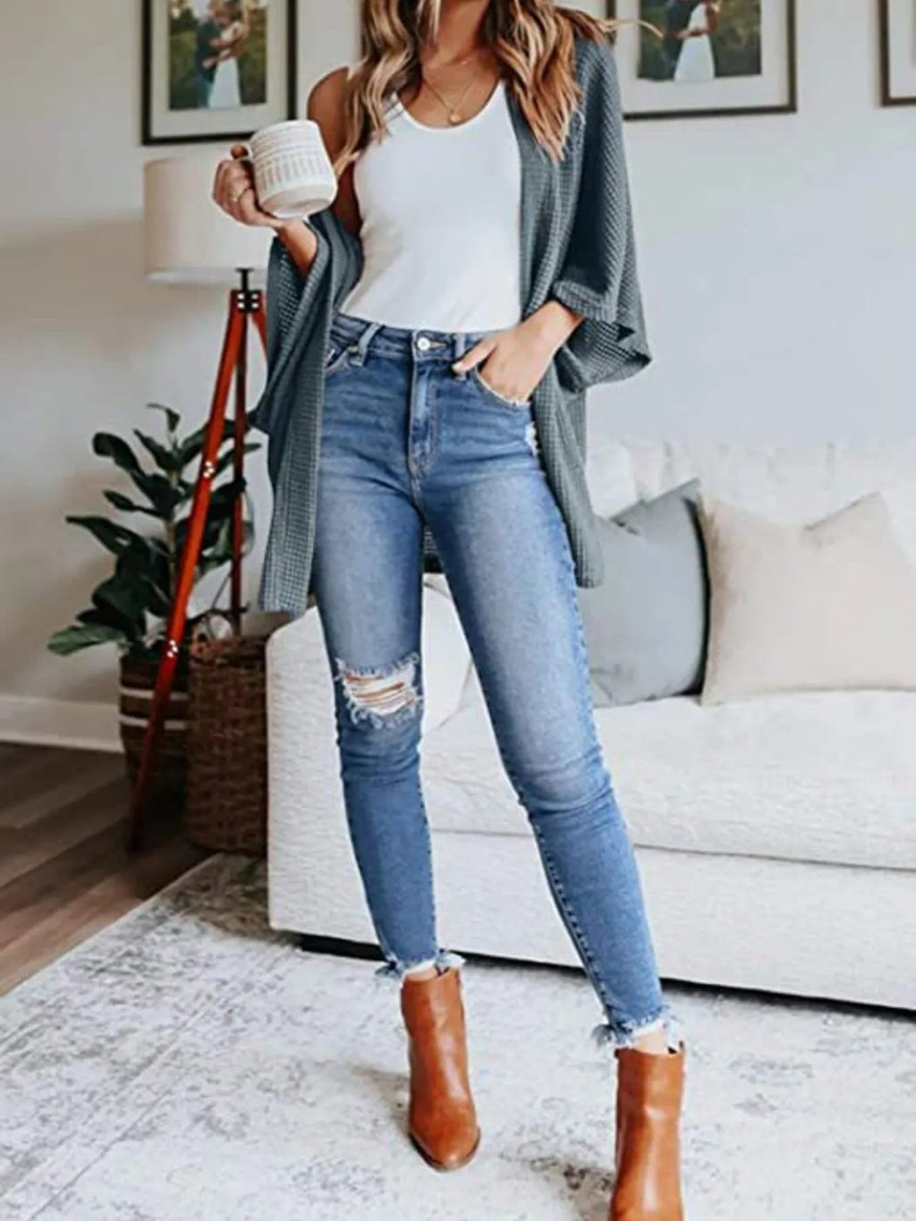 Full Size Open Front Waffle Knit Cardigan Plus Size - Home Sweet Resale