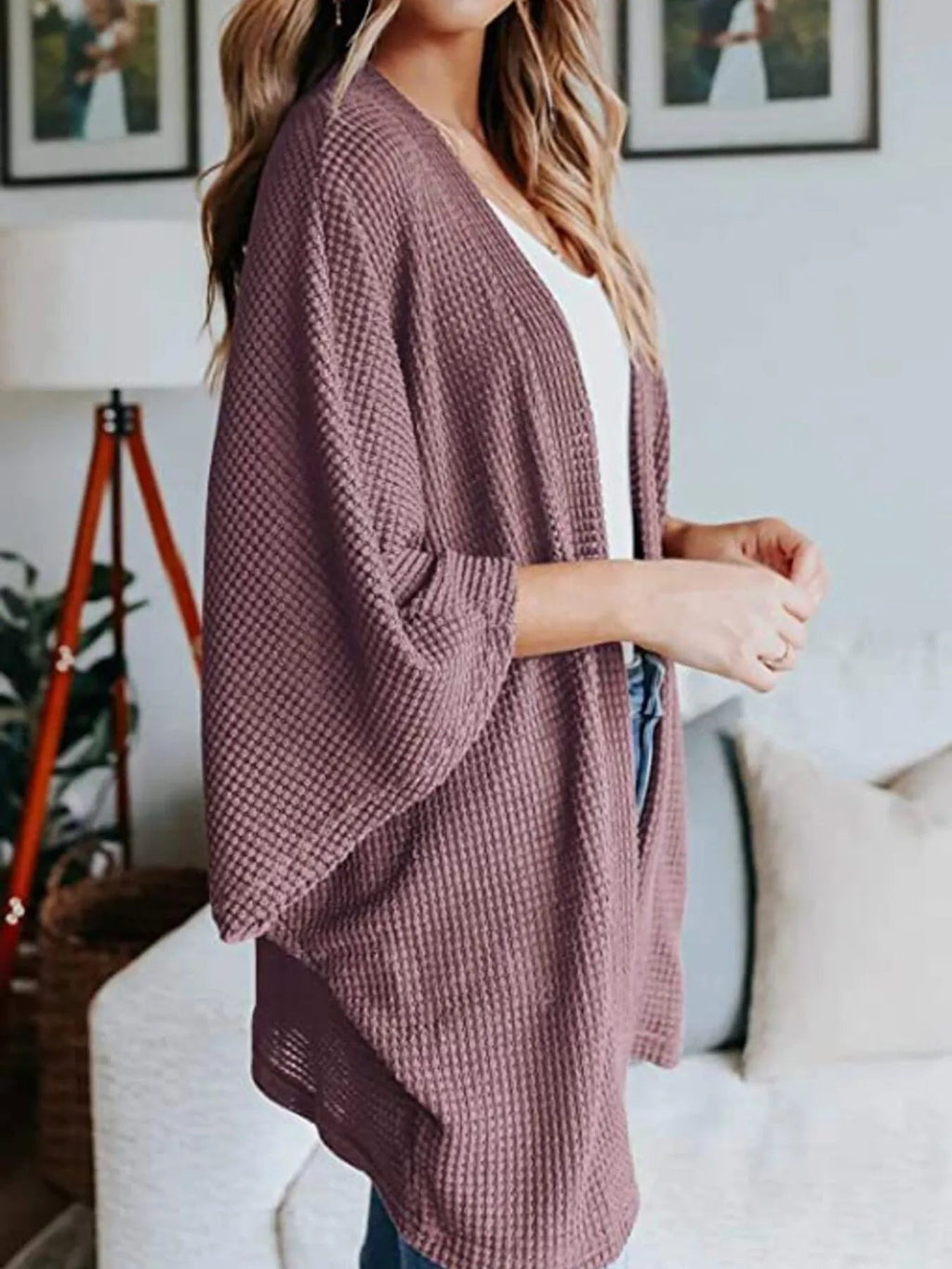 Full Size Open Front Waffle Knit Cardigan Plus Size - Home Sweet Resale