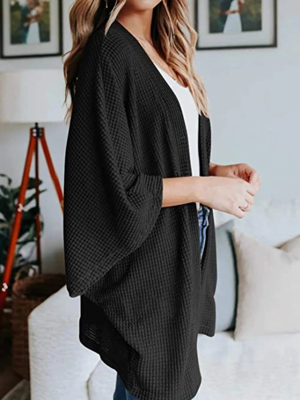 Full Size Open Front Waffle Knit Cardigan Plus Size - Home Sweet Resale