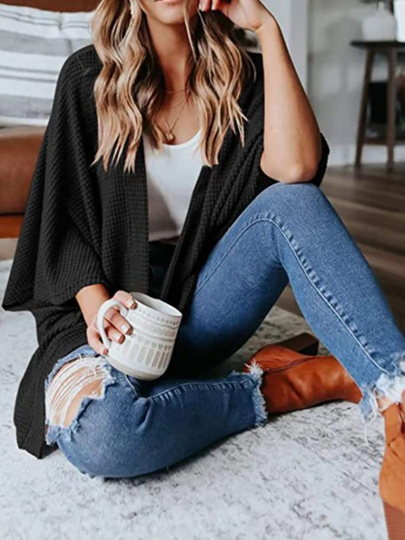 Full Size Open Front Waffle Knit Cardigan Plus Size - Home Sweet Resale