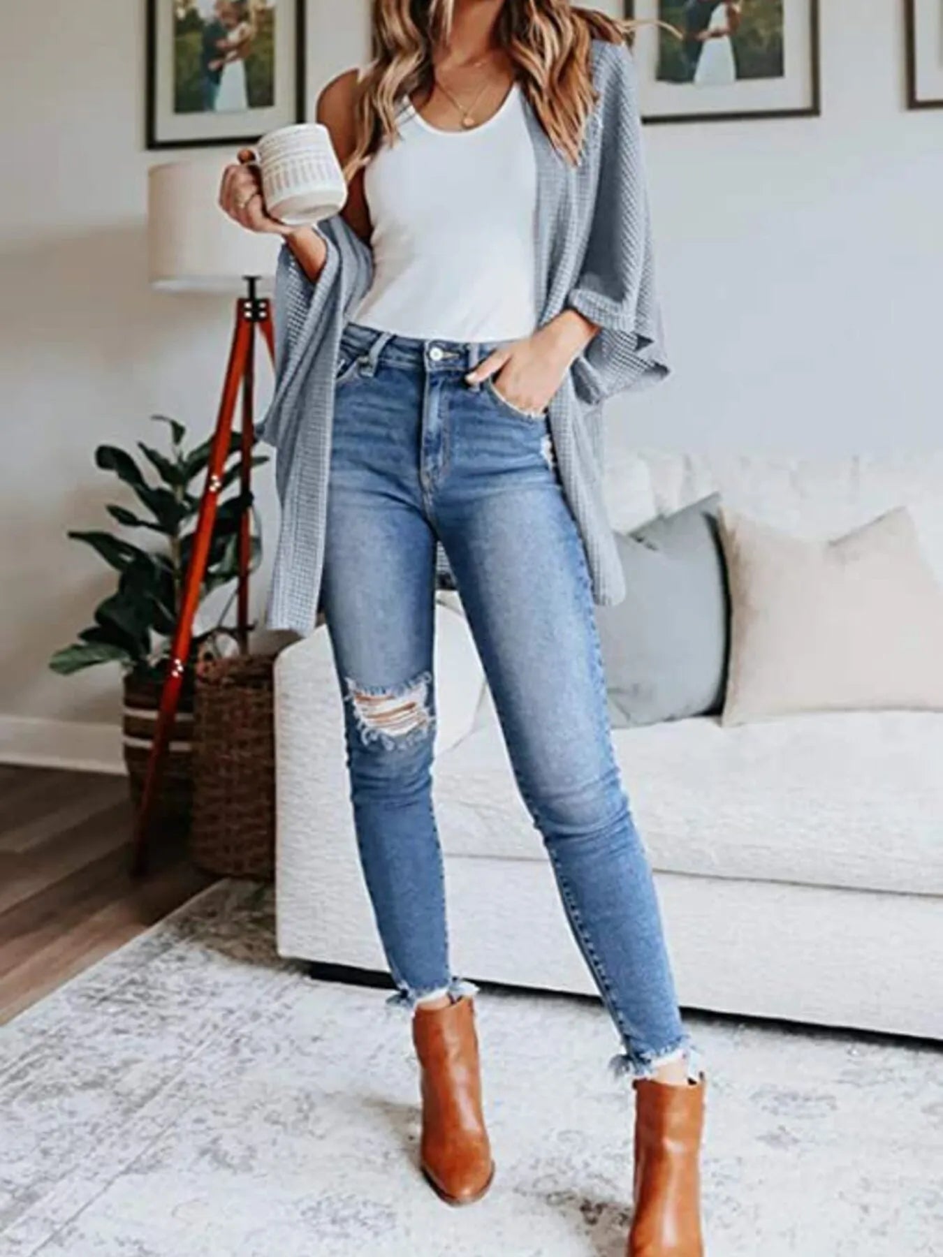 Full Size Open Front Waffle Knit Cardigan Plus Size - Home Sweet Resale
