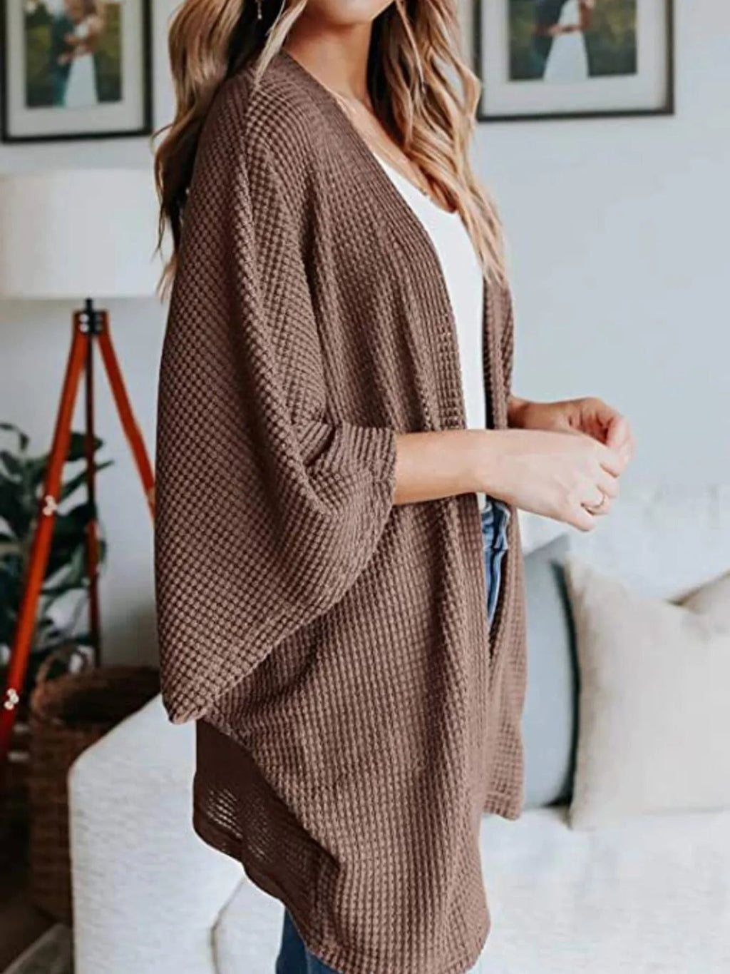 Full Size Open Front Waffle Knit Cardigan Plus Size - Home Sweet Resale