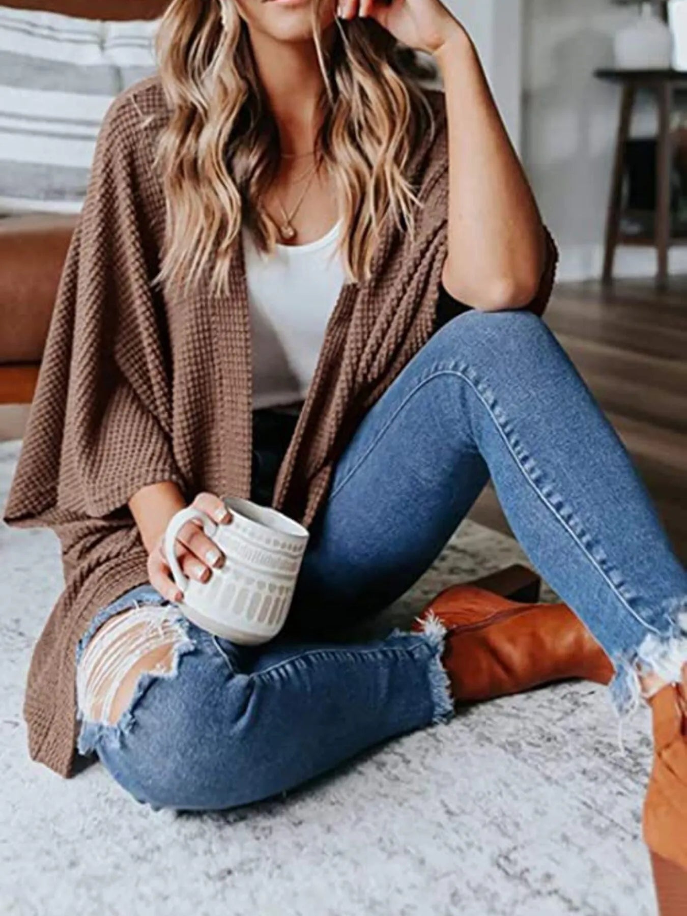 Full Size Open Front Waffle Knit Cardigan Plus Size - Home Sweet Resale