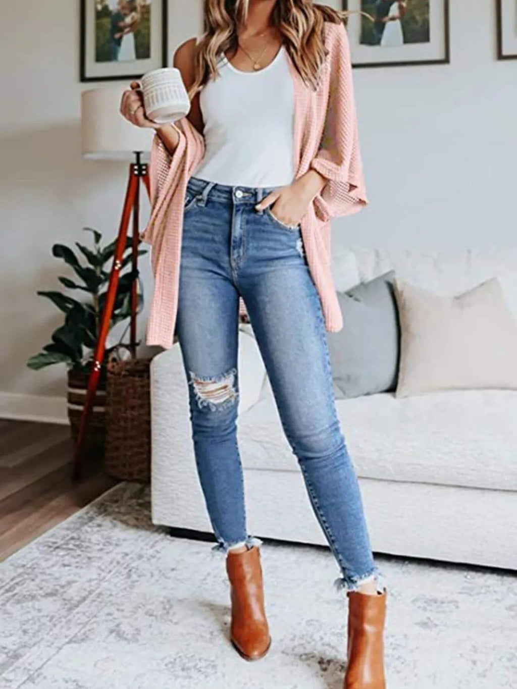 Full Size Open Front Waffle Knit Cardigan Plus Size - Home Sweet Resale