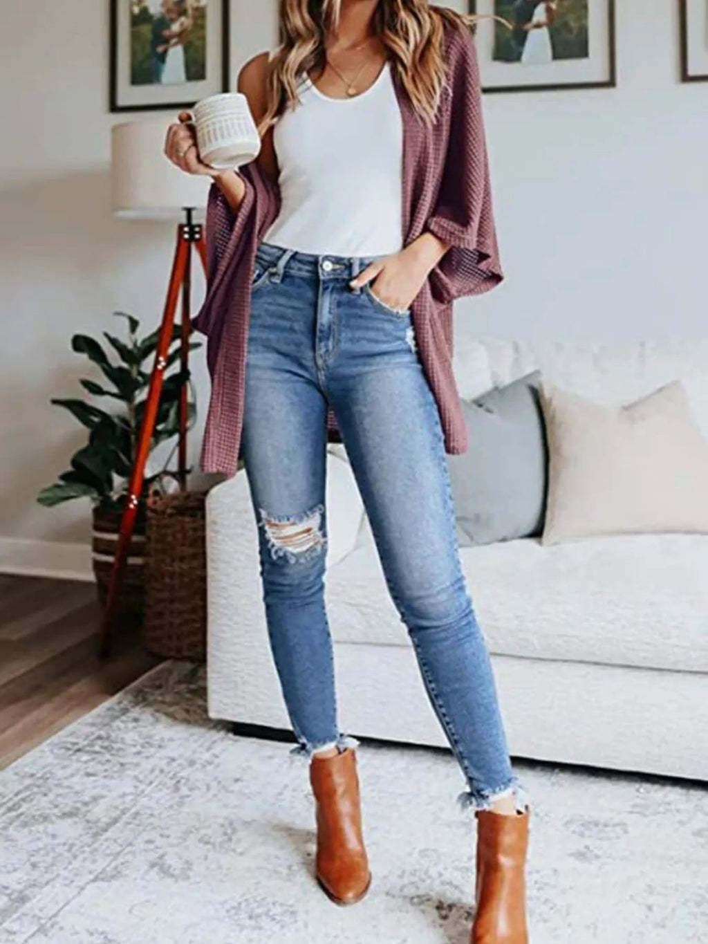 Full Size Open Front Waffle Knit Cardigan Plus Size - Home Sweet Resale