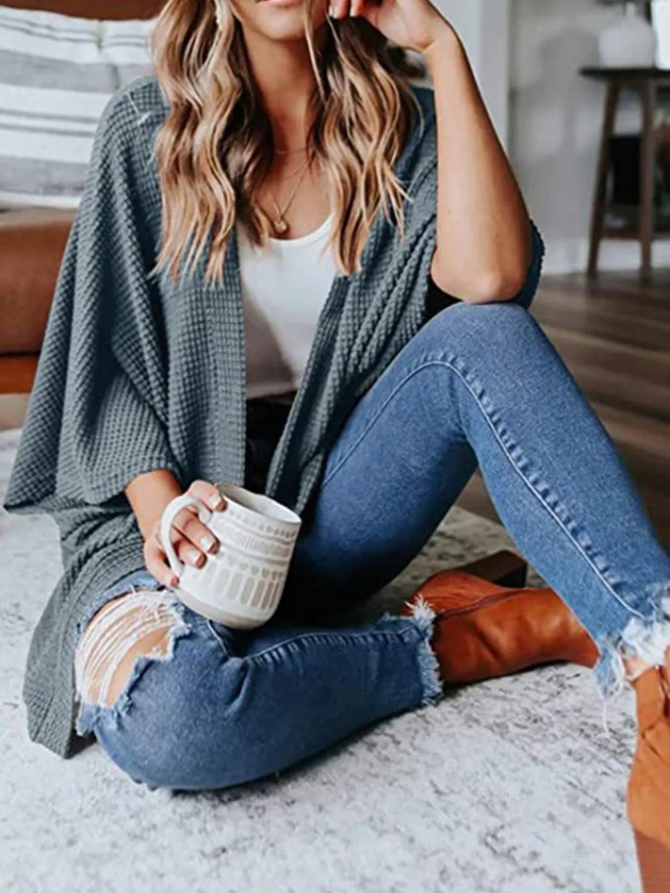 Full Size Open Front Waffle Knit Cardigan Plus Size - Home Sweet Resale