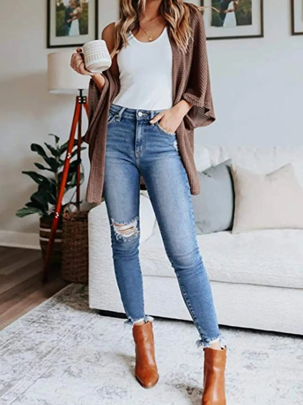 Full Size Open Front Waffle Knit Cardigan Plus Size - Home Sweet Resale