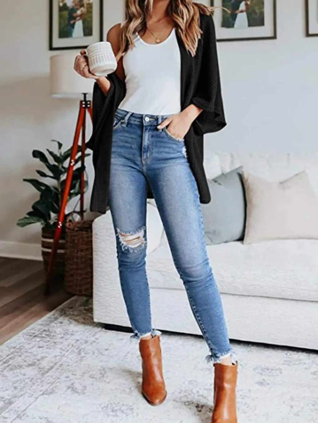 Full Size Open Front Waffle Knit Cardigan Plus Size - Home Sweet Resale