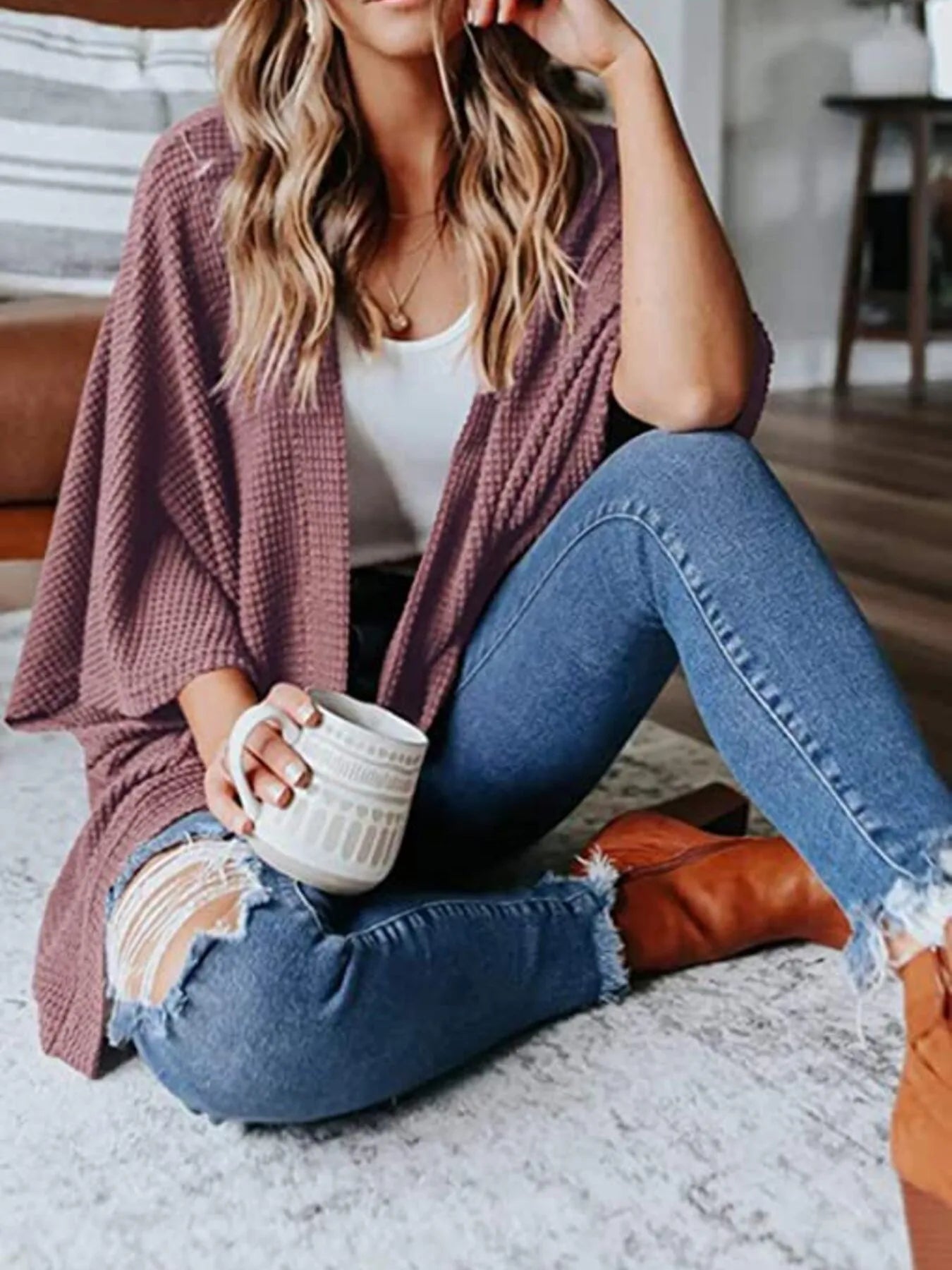 Full Size Open Front Waffle Knit Cardigan Plus Size - Home Sweet Resale