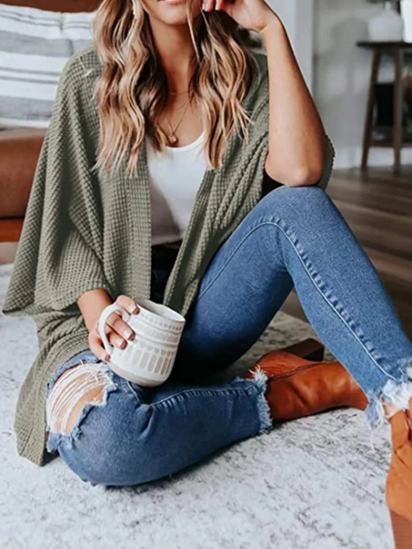 Full Size Open Front Waffle Knit Cardigan Plus Size - Home Sweet Resale