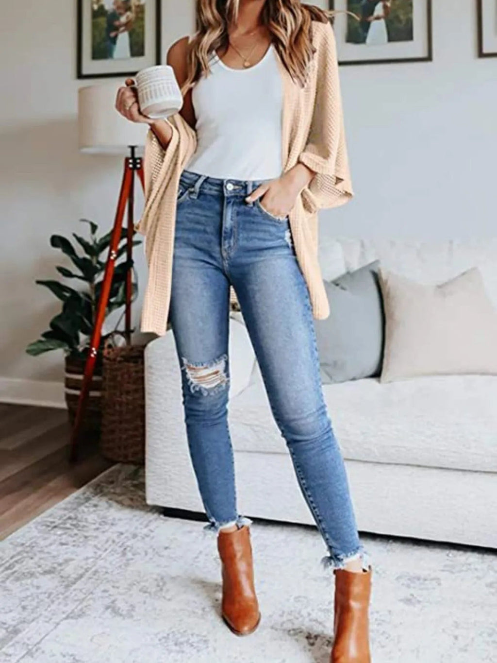 Full Size Open Front Waffle Knit Cardigan Plus Size - Home Sweet Resale