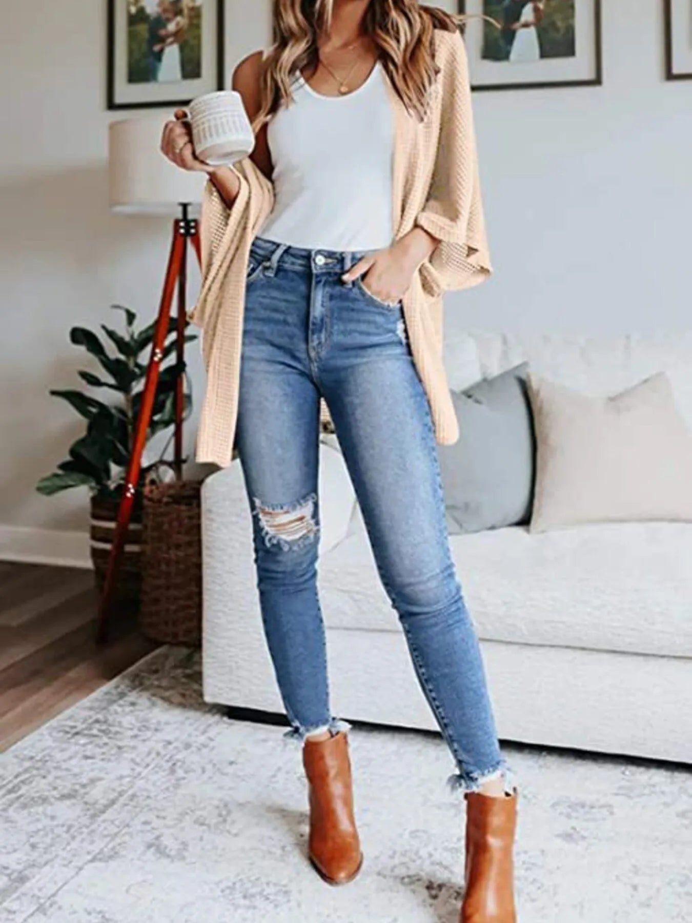 Full Size Open Front Waffle Knit Cardigan Plus Size - Home Sweet Resale