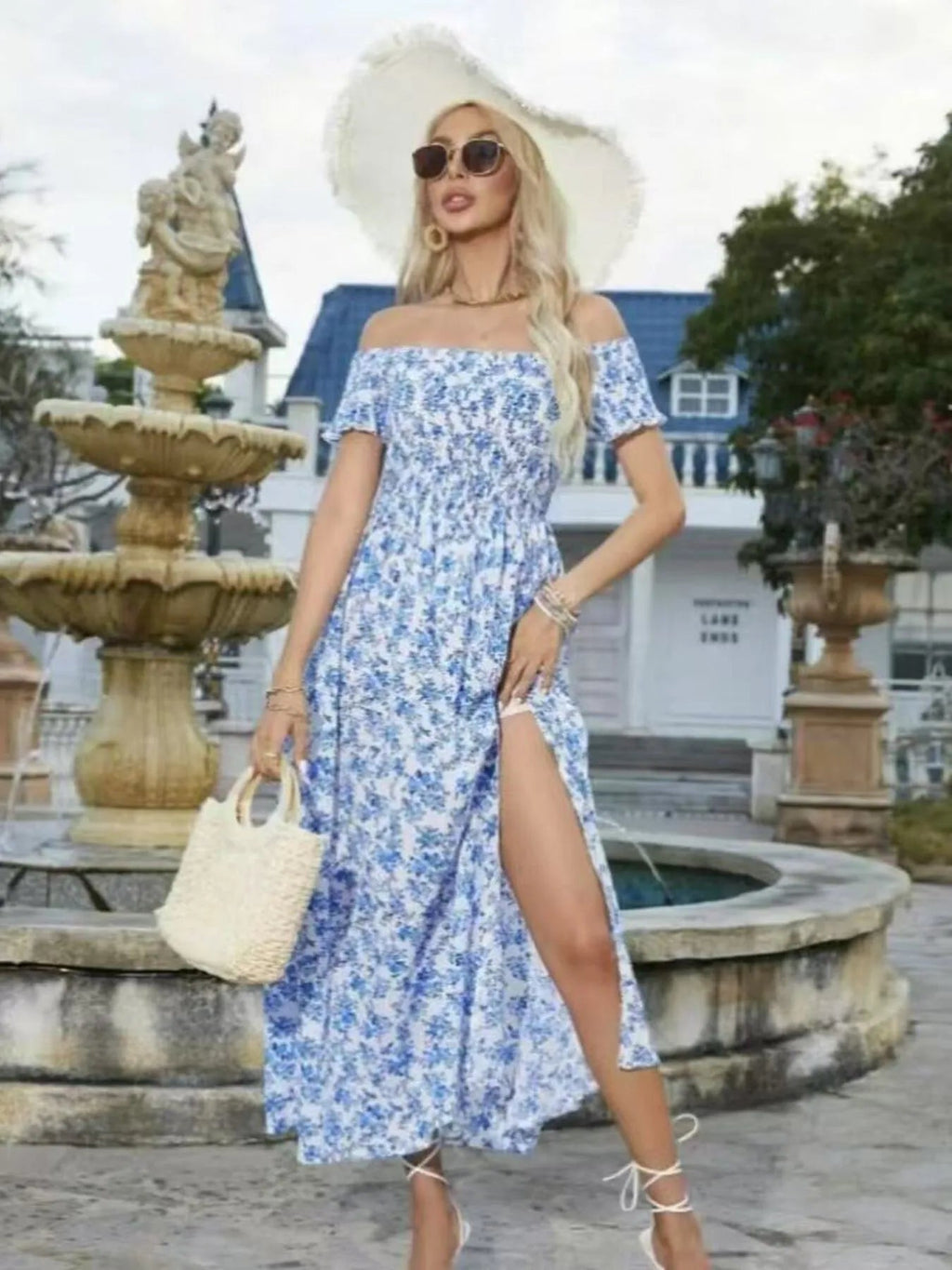 Full Size Slit Off - Shoulder Floral Midi Dress Plus Size - Home Sweet Resale