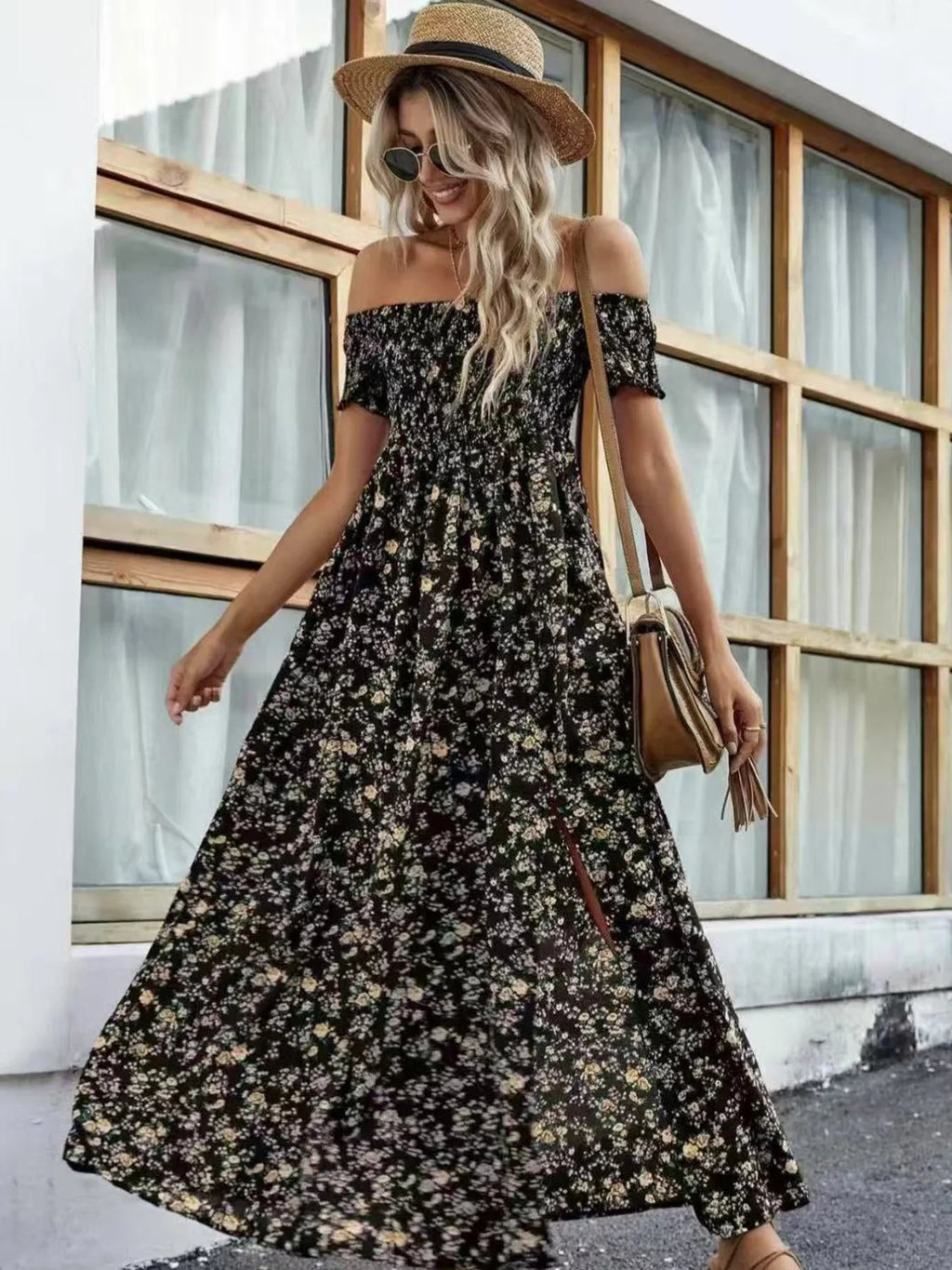 Full Size Slit Off - Shoulder Floral Midi Dress Plus Size - Home Sweet Resale
