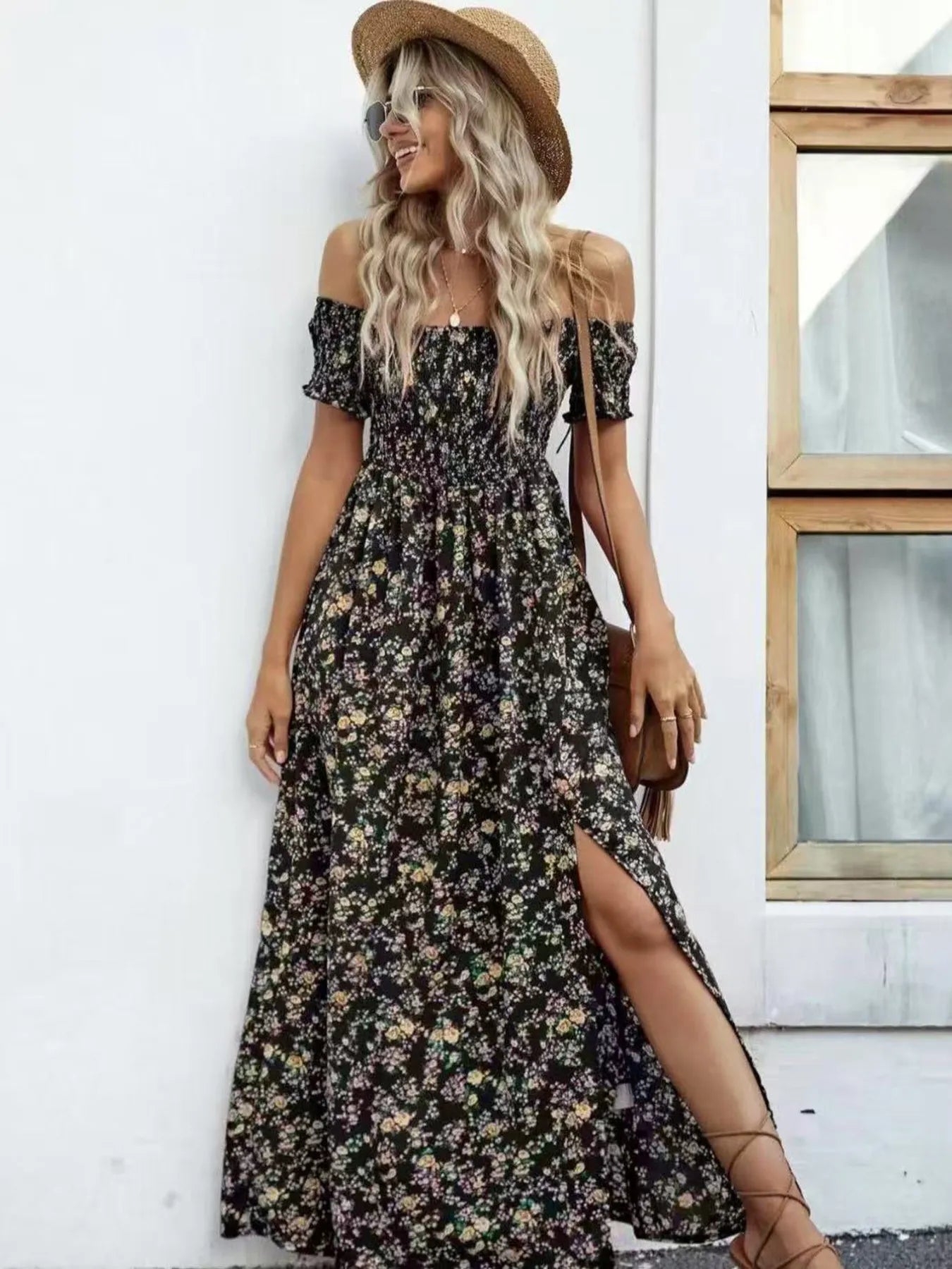 Full Size Slit Off - Shoulder Floral Midi Dress Plus Size - Home Sweet Resale