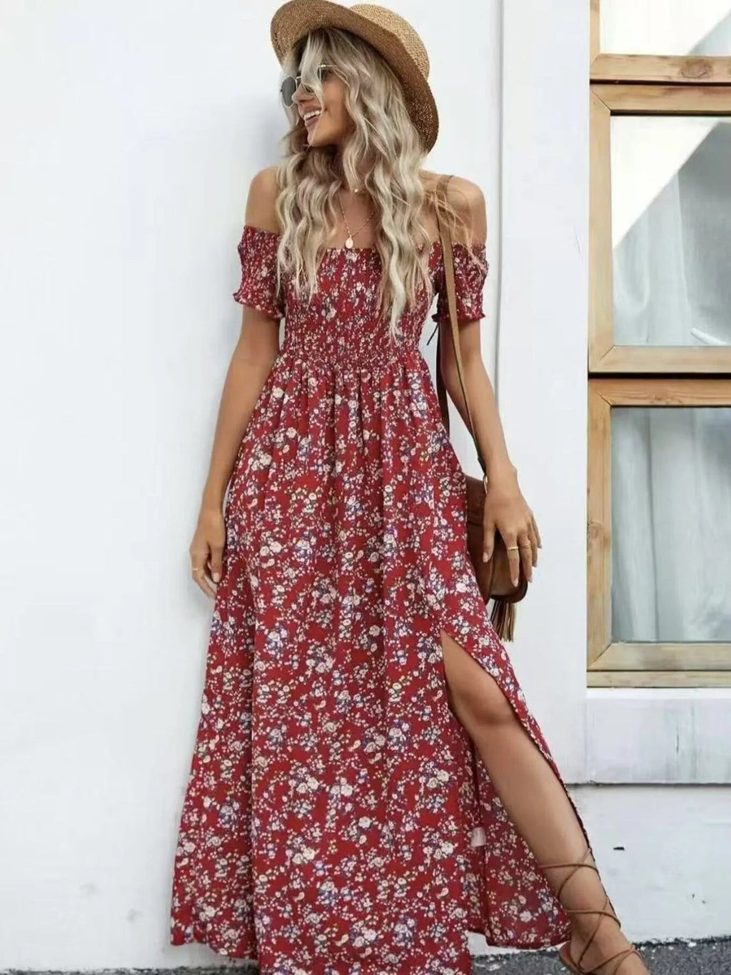 Full Size Slit Off - Shoulder Floral Midi Dress Plus Size - Home Sweet Resale