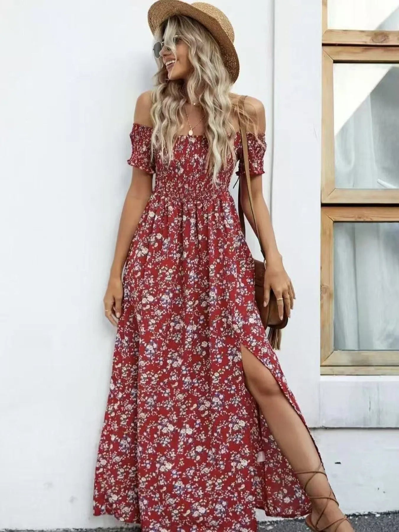 Full Size Slit Off - Shoulder Floral Midi Dress Plus Size - Home Sweet Resale