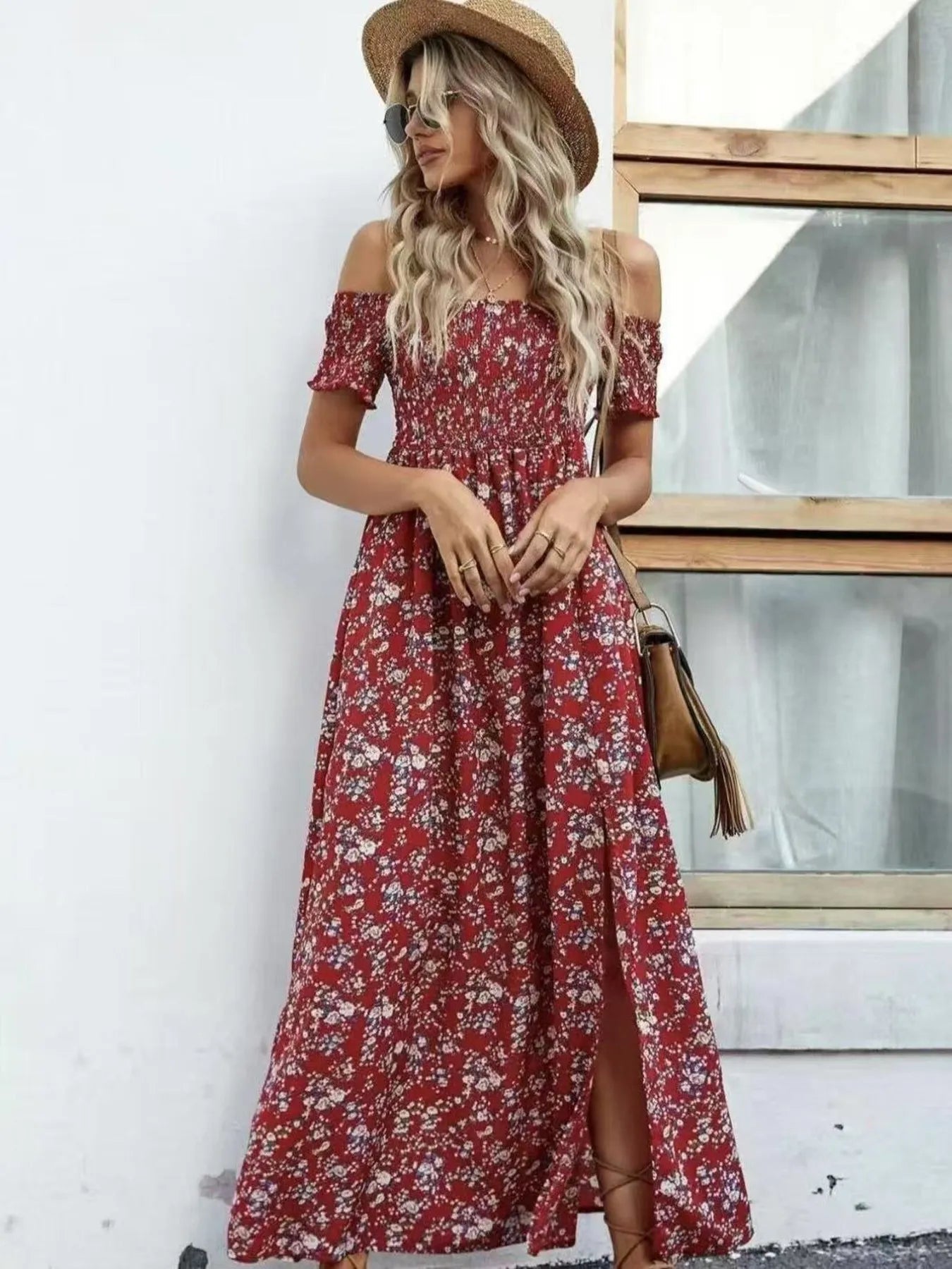 Full Size Slit Off - Shoulder Floral Midi Dress Plus Size - Home Sweet Resale