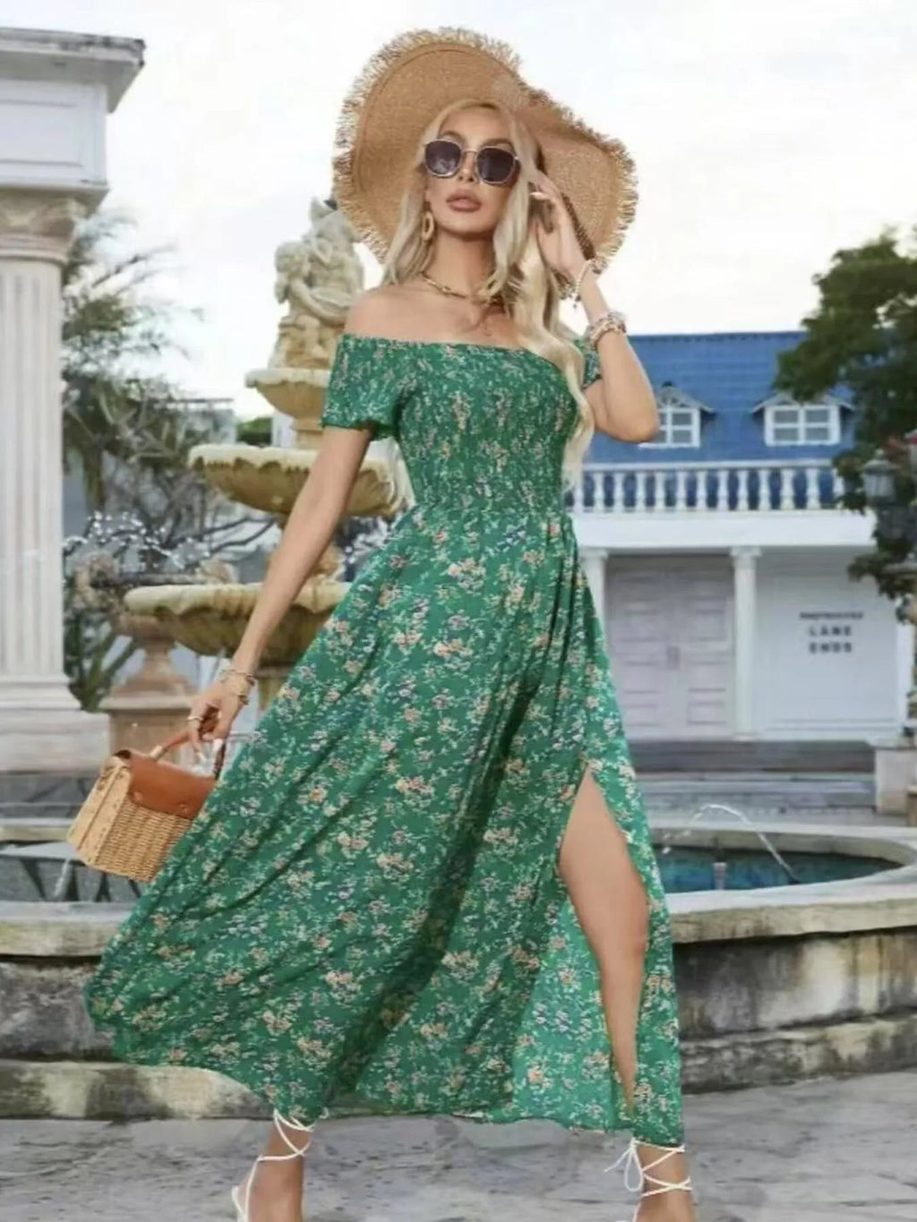 Full Size Slit Off - Shoulder Floral Midi Dress Plus Size - Home Sweet Resale