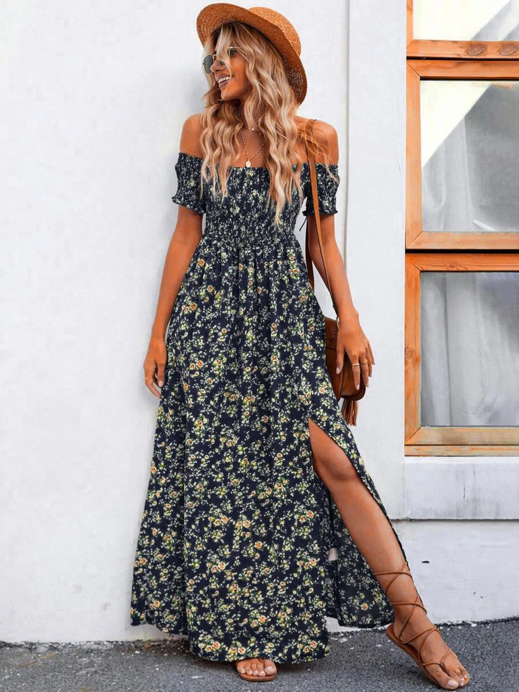 Full Size Slit Off - Shoulder Floral Midi Dress Plus Size - Home Sweet Resale