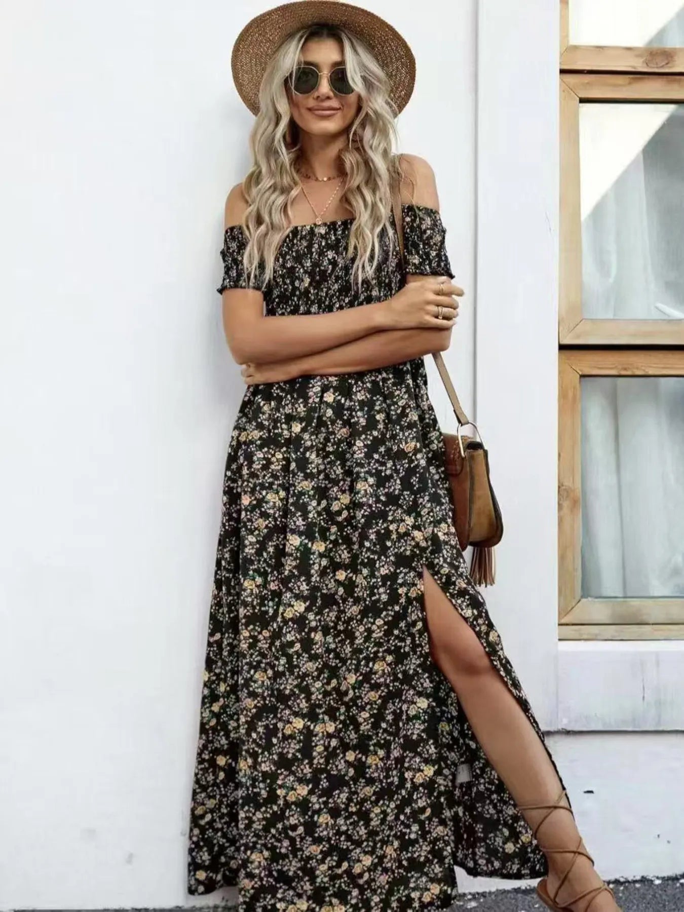 Full Size Slit Off - Shoulder Floral Midi Dress Plus Size - Home Sweet Resale