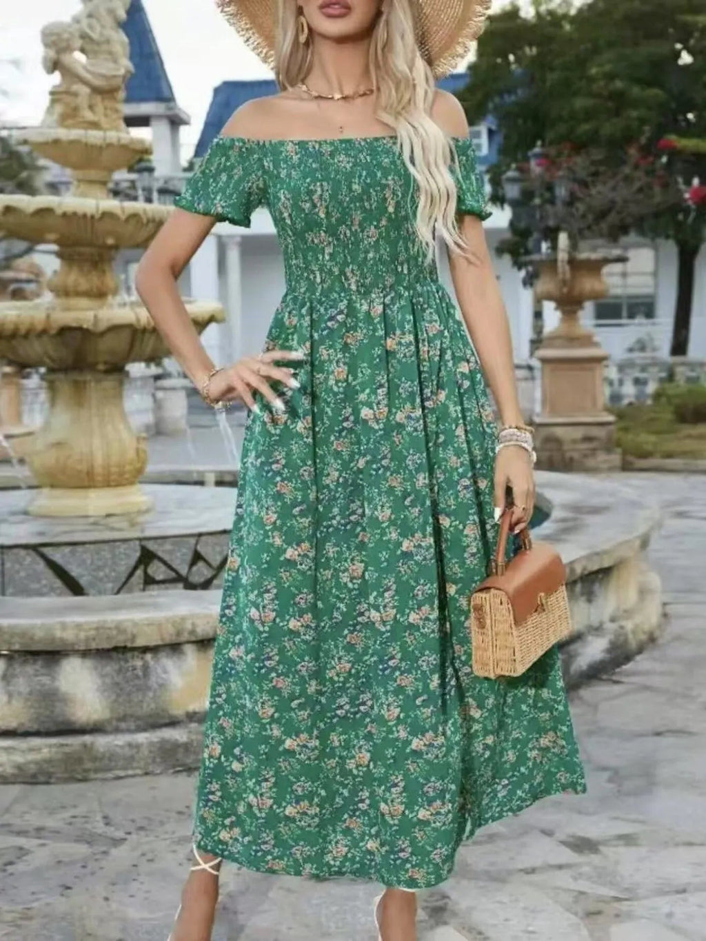 Full Size Slit Off - Shoulder Floral Midi Dress Plus Size - Home Sweet Resale