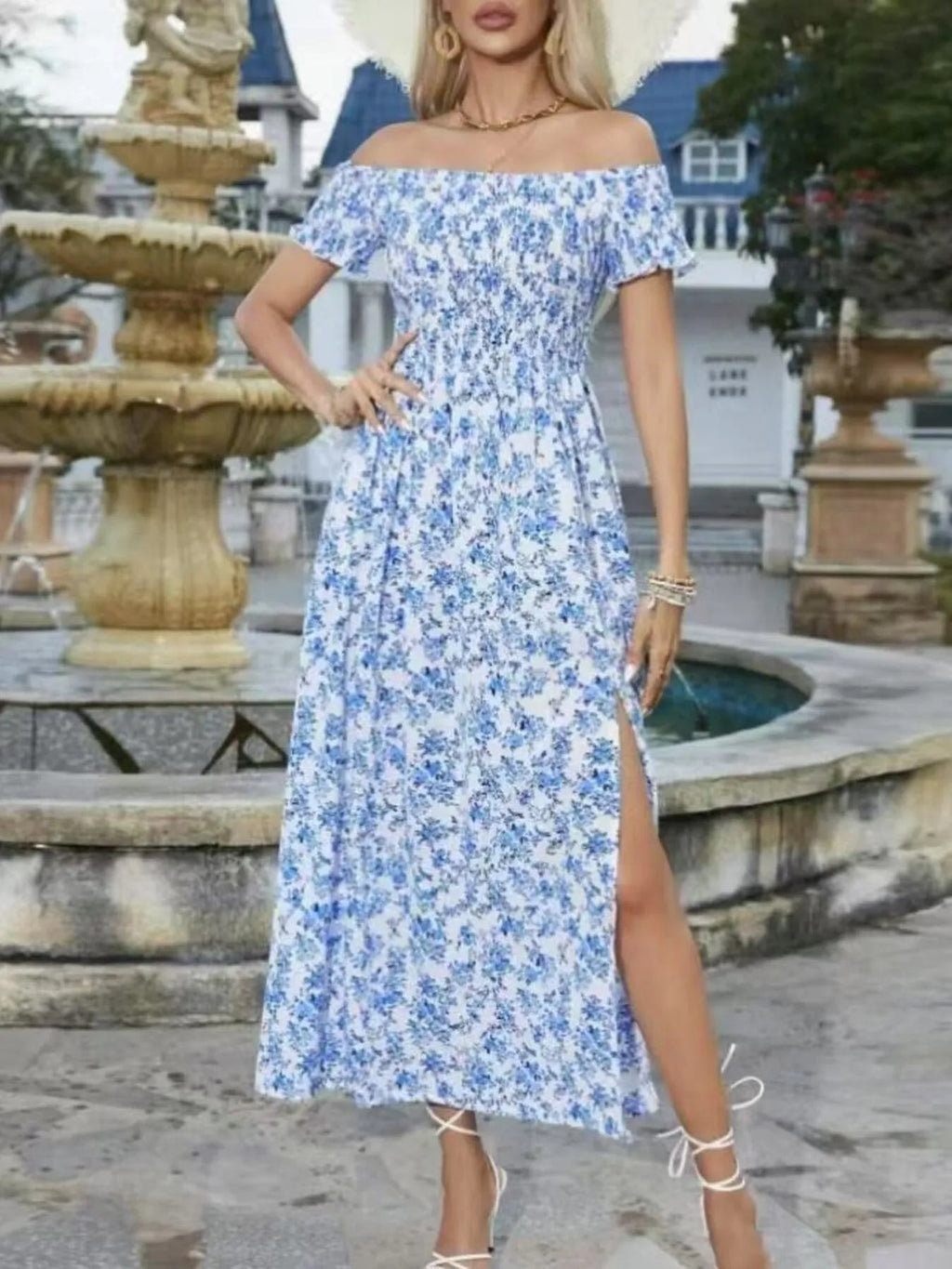 Full Size Slit Off - Shoulder Floral Midi Dress Plus Size - Home Sweet Resale