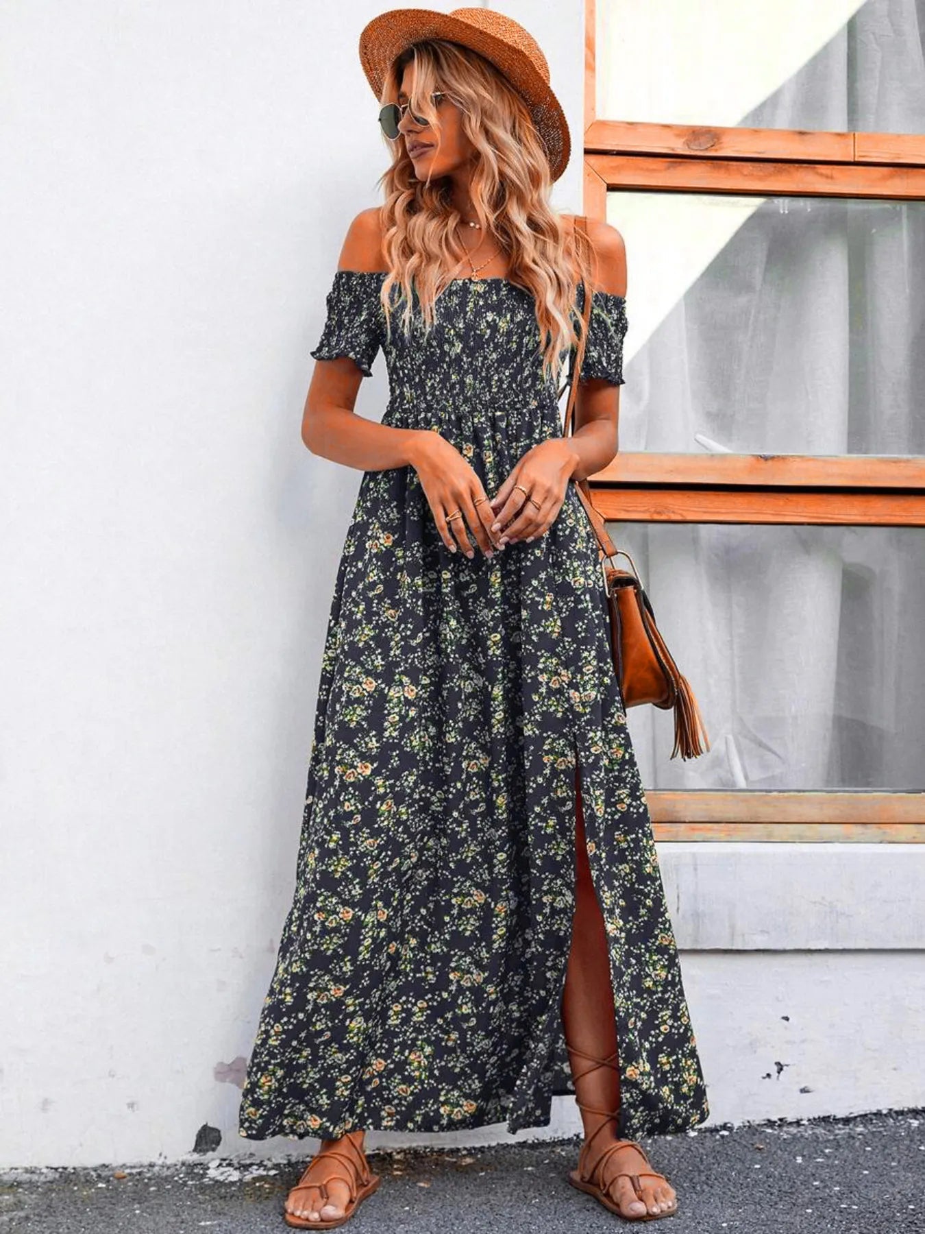 Full Size Slit Off - Shoulder Floral Midi Dress Plus Size - Home Sweet Resale