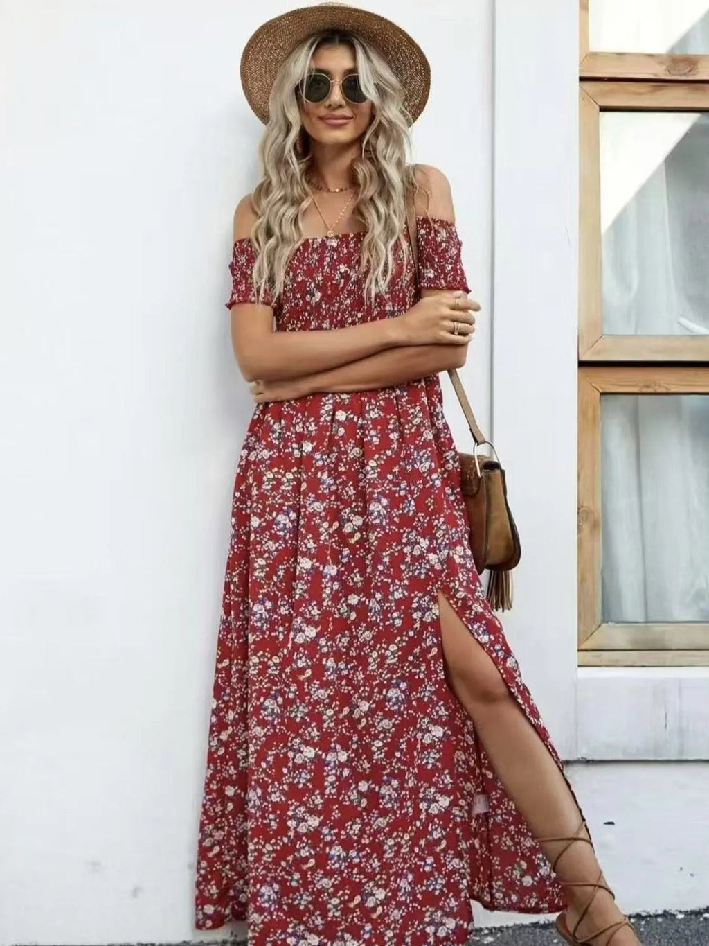 Full Size Slit Off - Shoulder Floral Midi Dress Plus Size - Home Sweet Resale
