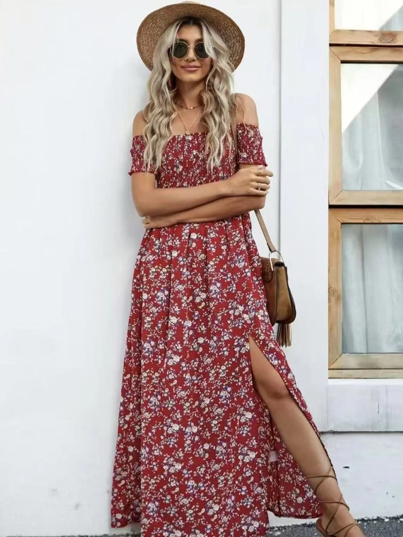 Full Size Slit Off - Shoulder Floral Midi Dress Plus Size - Home Sweet Resale