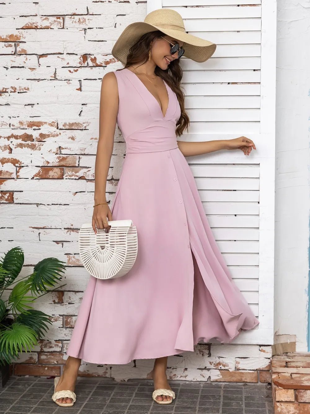 Full Size Slit V - Neck Sleeveless Midi Dress - Home Sweet Resale