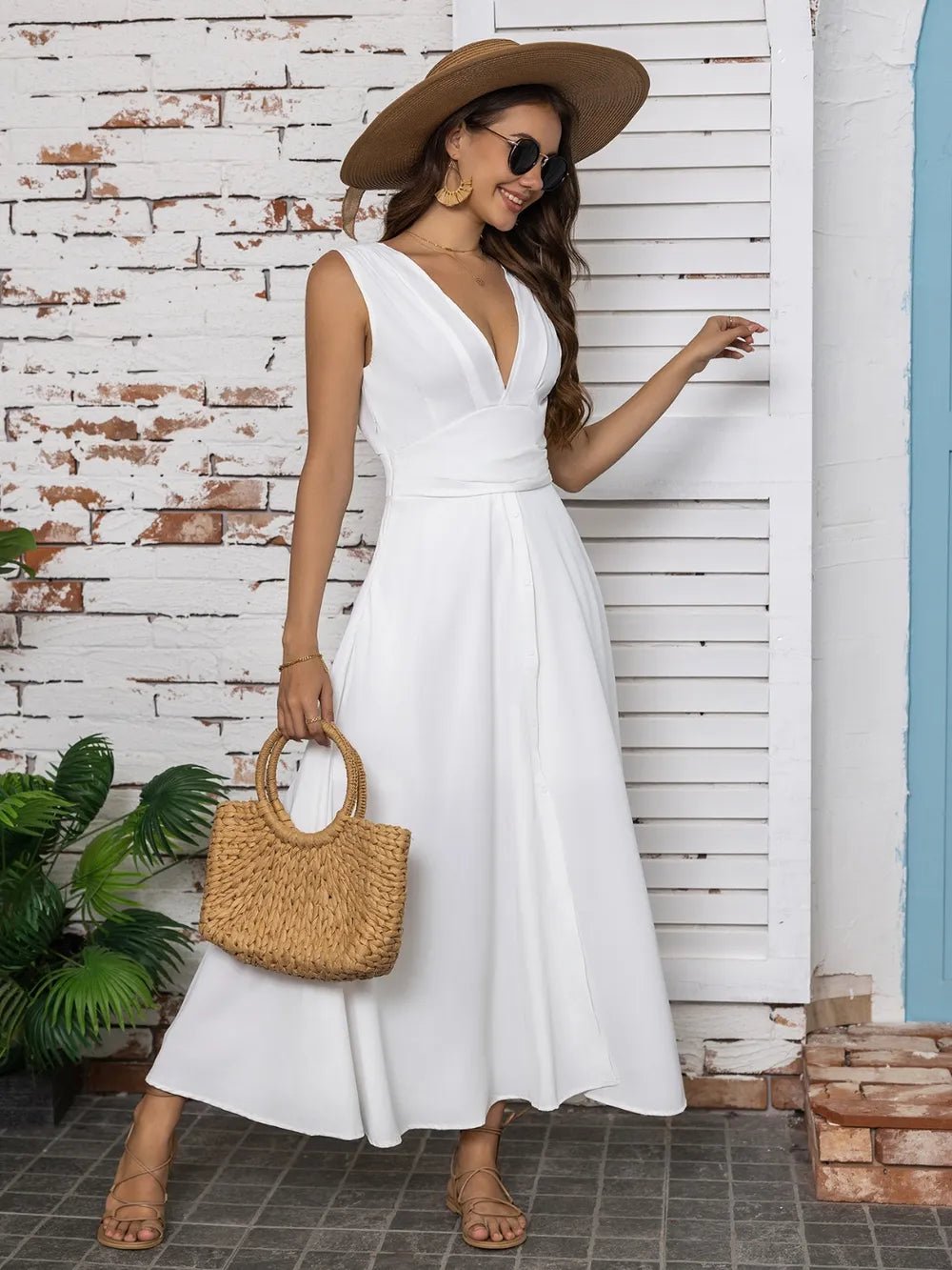 Full Size Slit V - Neck Sleeveless Midi Dress - Home Sweet Resale