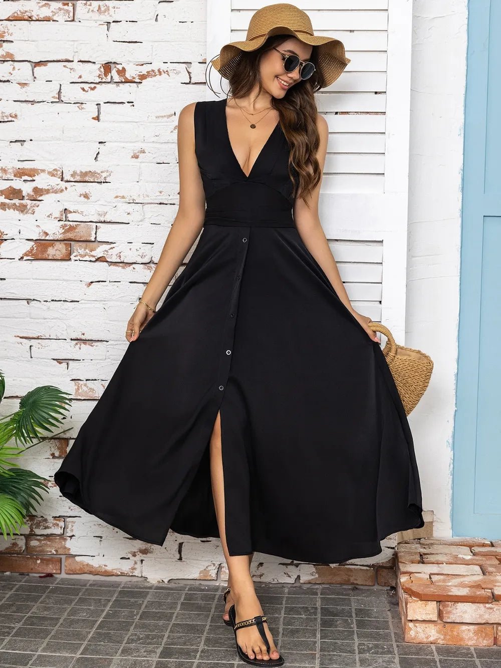 Full Size Slit V - Neck Sleeveless Midi Dress - Home Sweet Resale