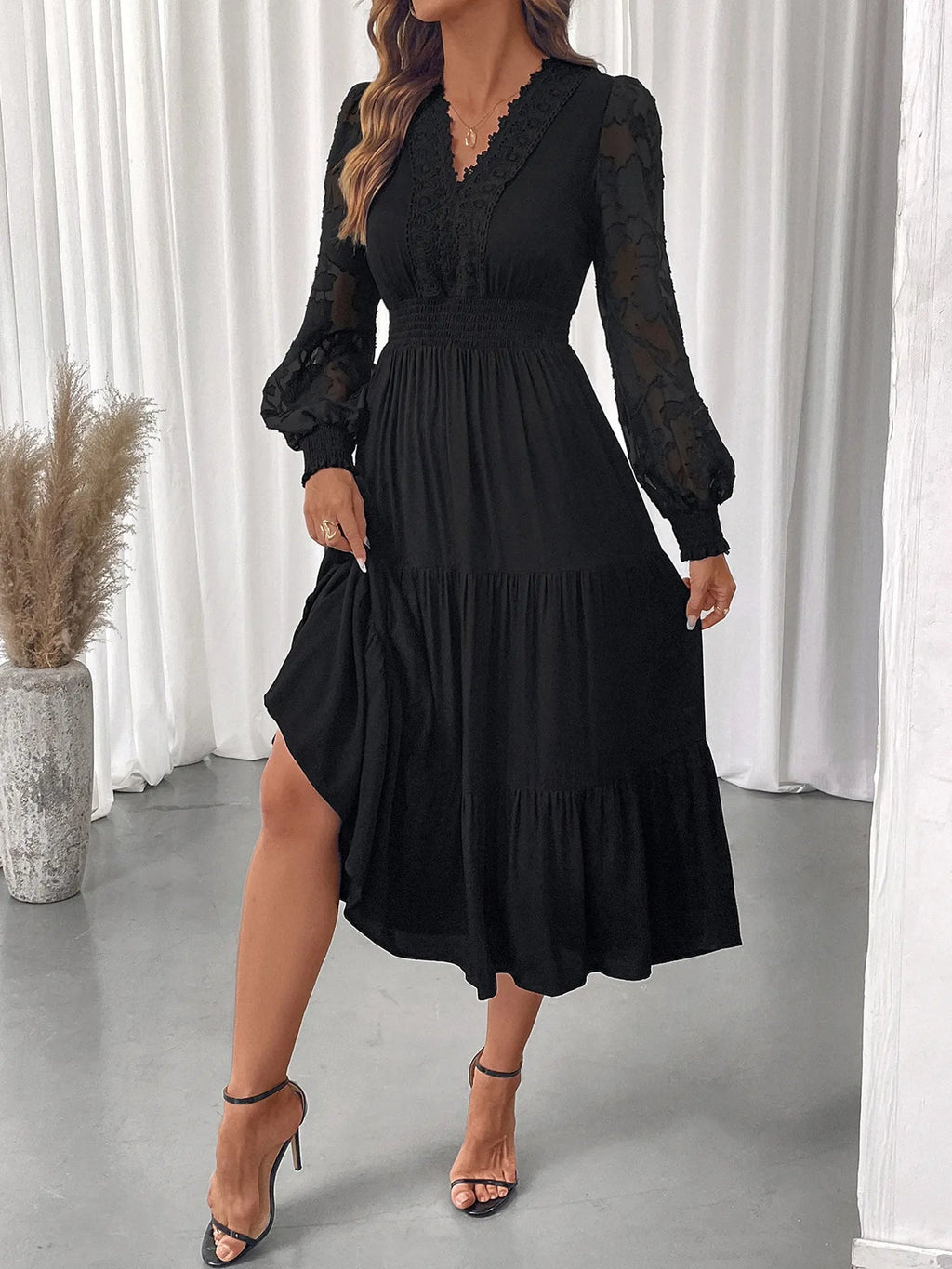Lace Detail Lantern Sleeve Tiered Dress - Home Sweet Resale