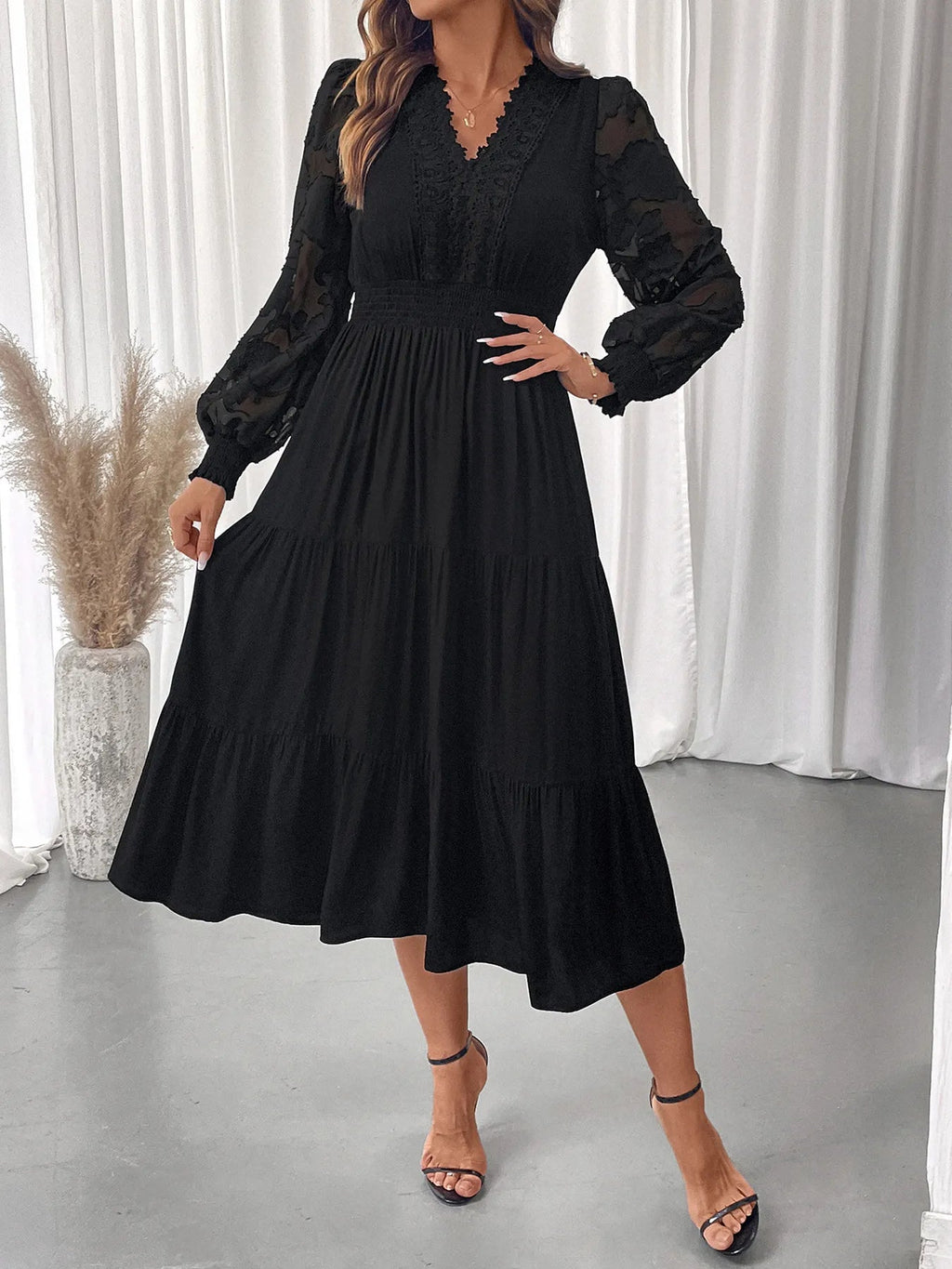 Lace Detail Lantern Sleeve Tiered Dress - Home Sweet Resale