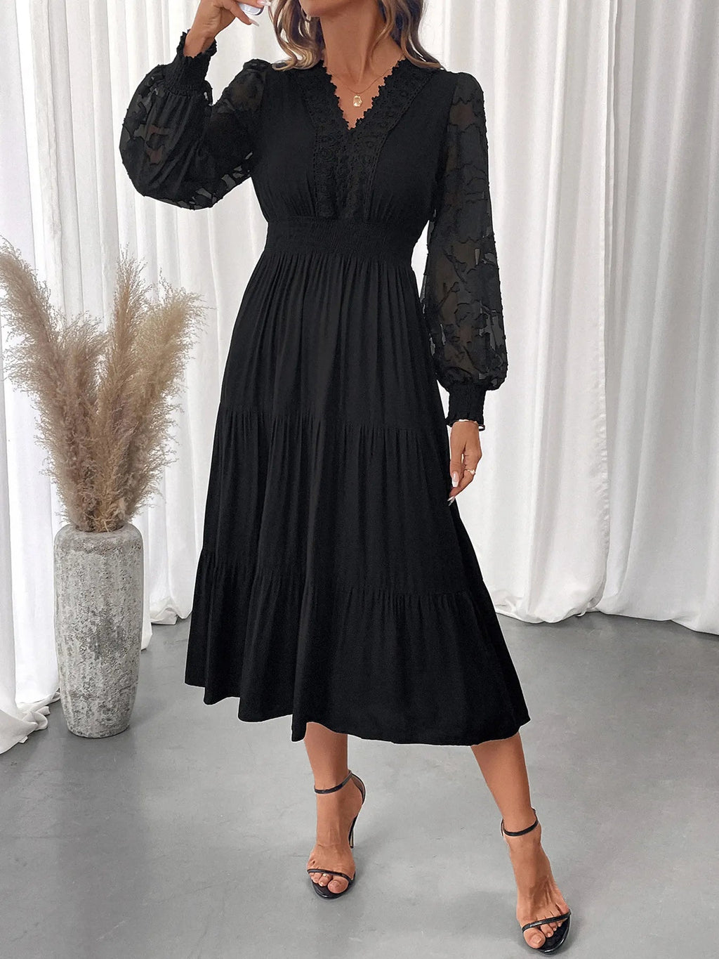 Lace Detail Lantern Sleeve Tiered Dress - Home Sweet Resale
