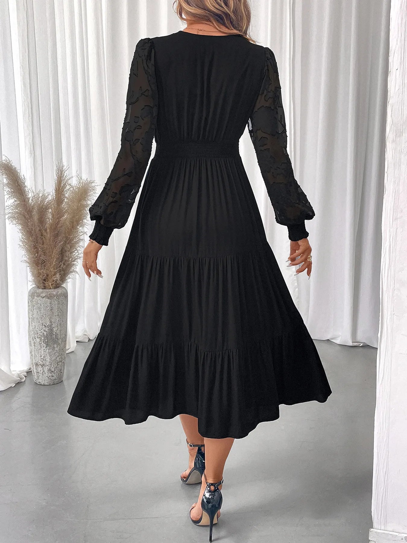 Lace Detail Lantern Sleeve Tiered Dress - Home Sweet Resale