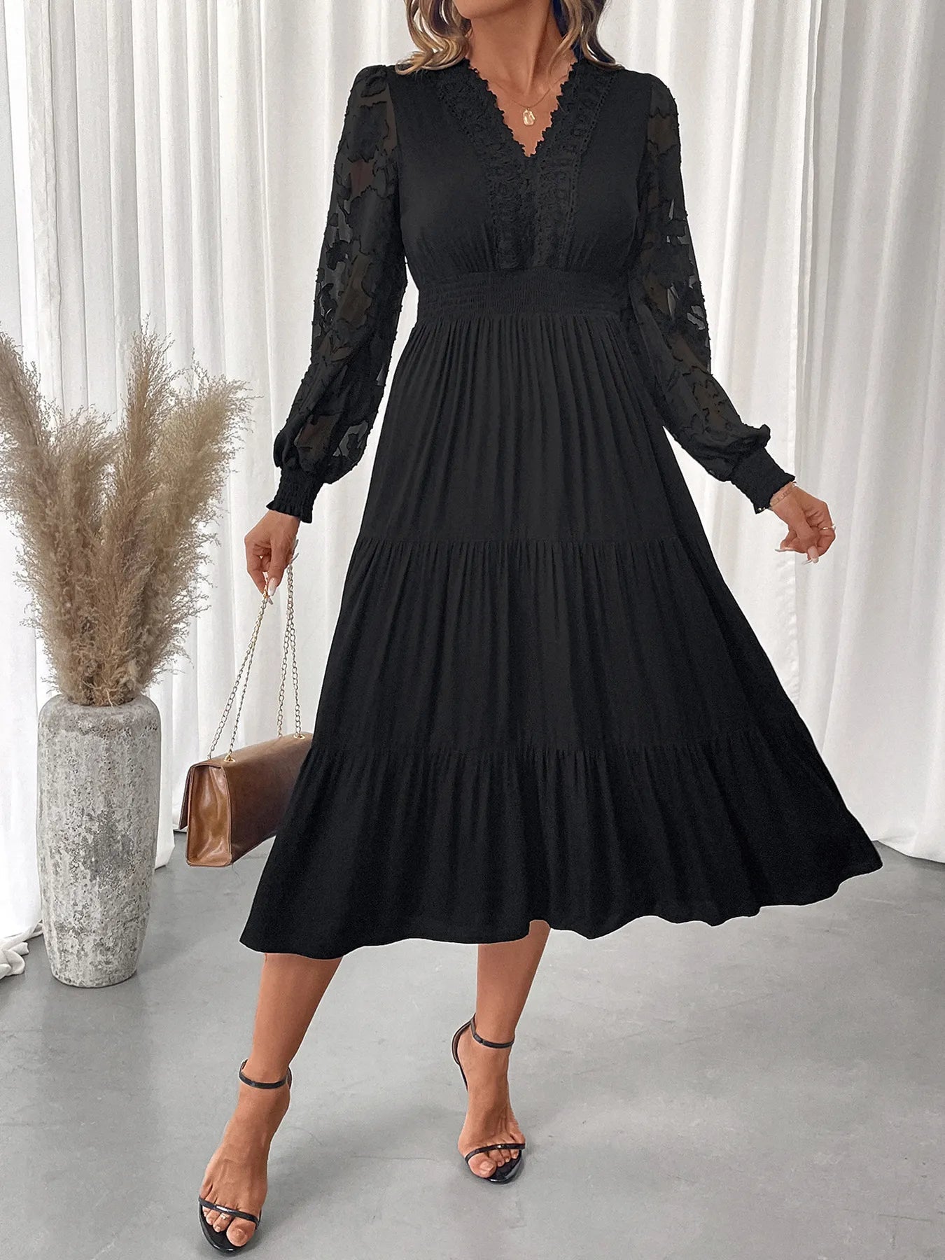 Lace Detail Lantern Sleeve Tiered Dress - Home Sweet Resale