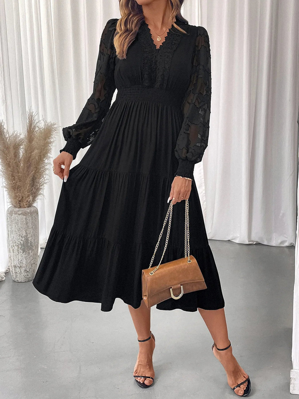 Lace Detail Lantern Sleeve Tiered Dress - Home Sweet Resale