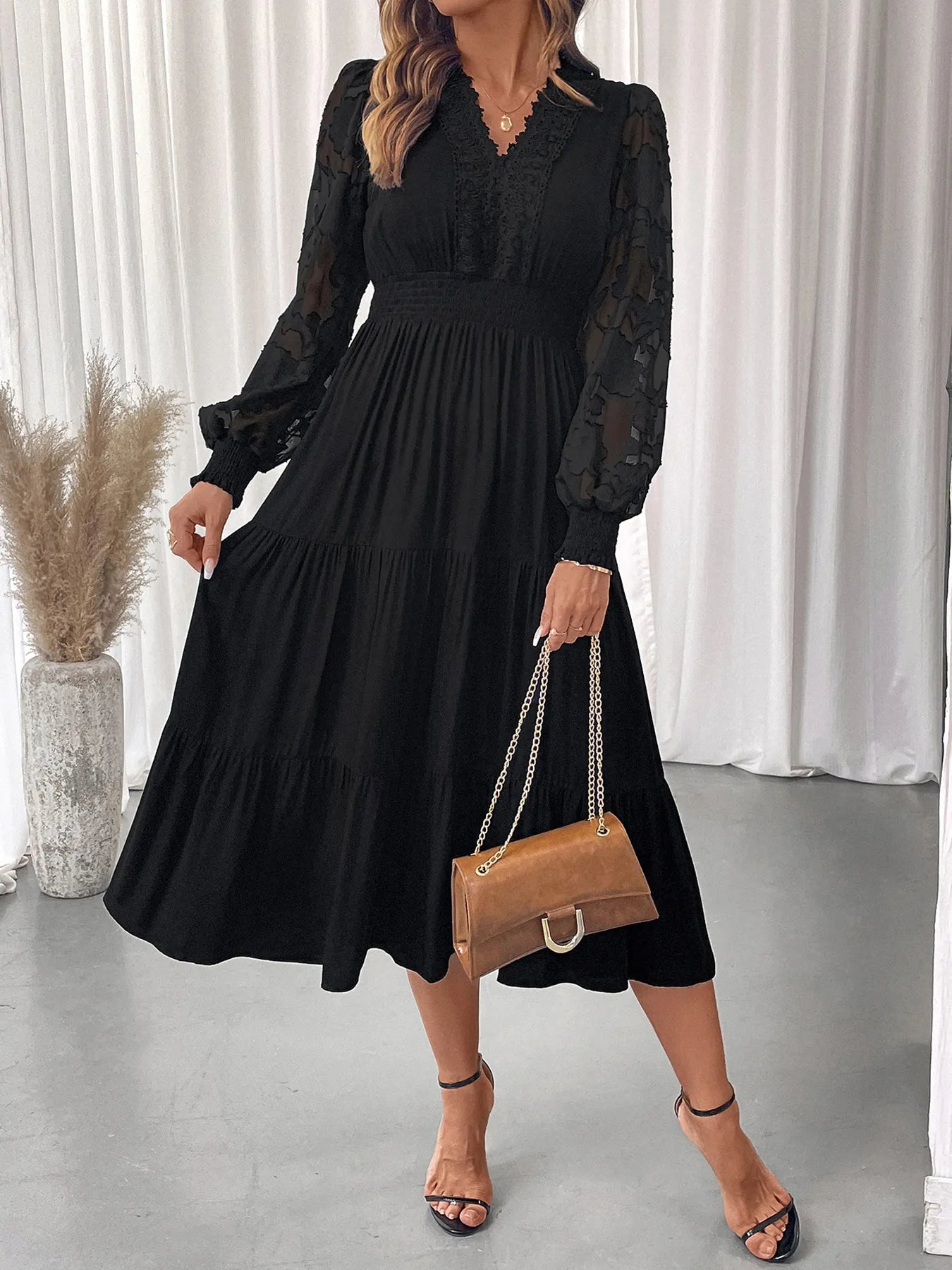 Lace Detail Lantern Sleeve Tiered Dress - Home Sweet Resale